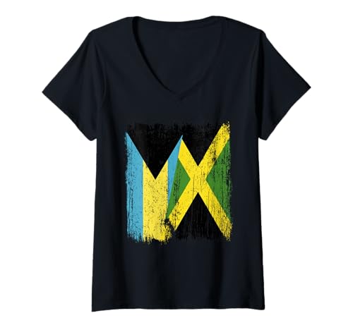 Damen Bahamas Jamaika Halbflagge Bahamian Jamaican Heritage T-Shirt mit V-Ausschnitt von Jamaica Flag Designs Proud Jamaican Roots