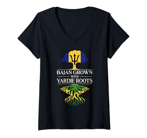Damen Bajan Grown with Yardie Roots Barbados Jamaican USA Jamaica T-Shirt mit V-Ausschnitt Damen Bajan Grown with Yardie Roots Barbados Jamaican USA Jamaica T-Shirt mit V-Ausschnitt von Jamaica Flag Designs Proud Jamaican Roots