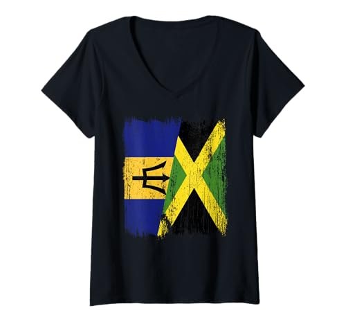 Damen Barbados Jamaika Halbflagge Barbadian Jamaican Heritage T-Shirt mit V-Ausschnitt Damen Barbados Jamaika Halbflagge Barbadian Jamaican Heritage T-Shirt mit V-Ausschnitt von Jamaica Flag Designs Proud Jamaican Roots