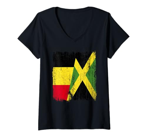 Damen Belgien, Jamaika, halbe Flagge, belgisches Jamaika-Erbe T-Shirt mit V-Ausschnitt Damen Belgien, Jamaika, halbe Flagge, belgisches Jamaika-Erbe T-Shirt mit V-Ausschnitt von Jamaica Flag Designs Proud Jamaican Roots