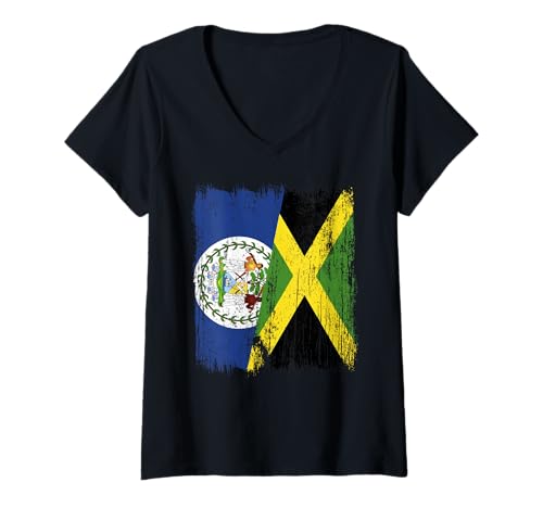Damen Belize Jamaika Halbflagge Belizean Jamaican Heritage T-Shirt mit V-Ausschnitt Damen Belize Jamaika Halbflagge Belizean Jamaican Heritage T-Shirt mit V-Ausschnitt von Jamaica Flag Designs Proud Jamaican Roots