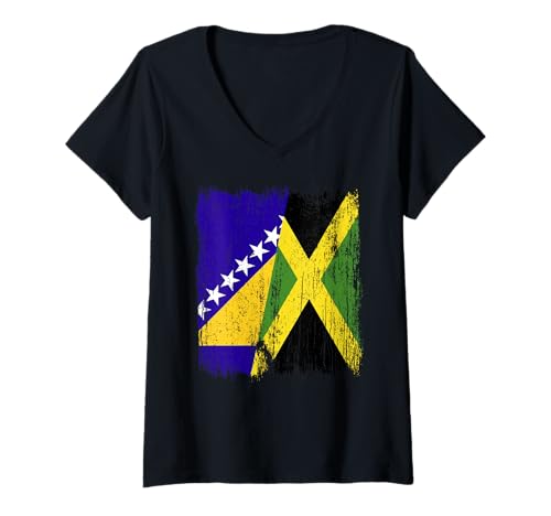 Damen Bosnien und Herzegowina Jamaika Halbflagge Bosnien Jamaika T-Shirt mit V-Ausschnitt Damen Bosnien und Herzegowina Jamaika Halbflagge Bosnien Jamaika T-Shirt mit V-Ausschnitt von Jamaica Flag Designs Proud Jamaican Roots