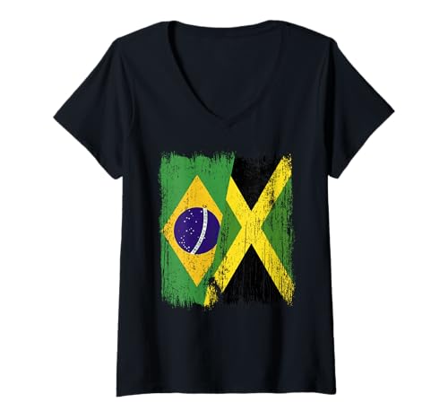 Damen Brasilien, Jamaika, halbe Flagge, brasilianisches Jamaika-Erbe T-Shirt mit V-Ausschnitt Damen Brasilien, Jamaika, halbe Flagge, brasilianisches Jamaika-Erbe T-Shirt mit V-Ausschnitt von Jamaica Flag Designs Proud Jamaican Roots