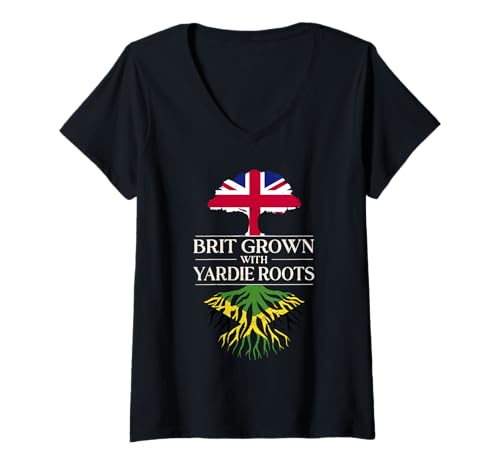 Damen Brit Grown with Yardie Roots, britisch, jamaikanisch, Großbritannien, Jamaica T-Shirt mit V-Ausschnitt Damen Brit Grown with Yardie Roots, britisch, jamaikanisch, Großbritannien, Jamaica T-Shirt mit V-Ausschnitt von Jamaica Flag Designs Proud Jamaican Roots