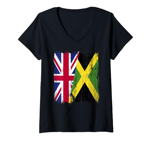 Damen Britische Jamaika, halbe Flagge, Britisches Jamaika-Erbe T-Shirt mit V-Ausschnitt Damen Britische Jamaika, halbe Flagge, Britisches Jamaika-Erbe T-Shirt mit V-Ausschnitt von Jamaica Flag Designs Proud Jamaican Roots