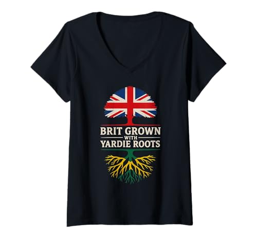 Damen Britisches Jamaikanisches Trikot mit Yardie Roots T-Shirt mit V-Ausschnitt Damen Britisches Jamaikanisches Trikot mit Yardie Roots T-Shirt mit V-Ausschnitt von Jamaica Flag Designs Proud Jamaican Roots