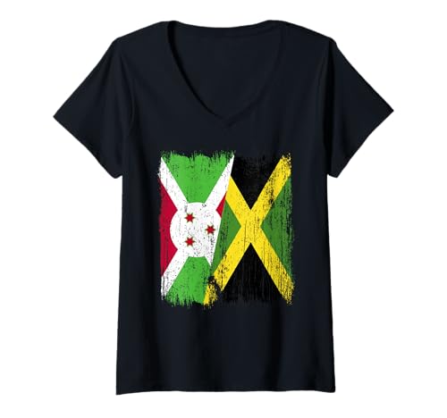 Damen Burundi, Jamaika, halbe Flagge, burundisches jamaikanisches Erbe T-Shirt mit V-Ausschnitt Damen Burundi, Jamaika, halbe Flagge, burundisches jamaikanisches Erbe T-Shirt mit V-Ausschnitt von Jamaica Flag Designs Proud Jamaican Roots