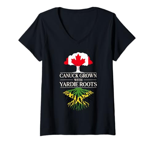 Damen Canuck Grown with Yardie Roots Kanadisches jamaikanisches Erbe T-Shirt mit V-Ausschnitt Damen Canuck Grown with Yardie Roots Kanadisches jamaikanisches Erbe T-Shirt mit V-Ausschnitt von Jamaica Flag Designs Proud Jamaican Roots