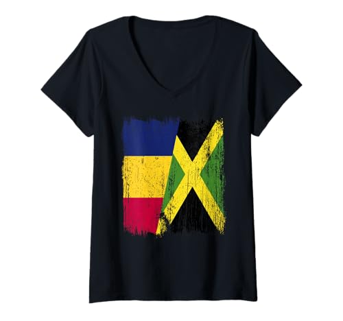 Damen Chad Jamaika Halbflagge Chadian Jamaican Heritage T-Shirt mit V-Ausschnitt Damen Chad Jamaika Halbflagge Chadian Jamaican Heritage T-Shirt mit V-Ausschnitt von Jamaica Flag Designs Proud Jamaican Roots