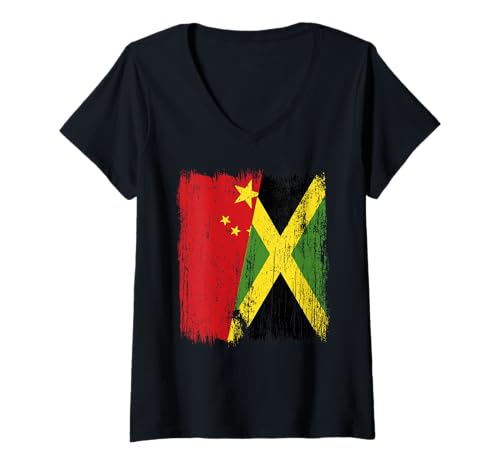 Damen China, Jamaika, halbe Flagge, chinesisches jamaikanisches Erbe T-Shirt mit V-Ausschnitt Damen China, Jamaika, halbe Flagge, chinesisches jamaikanisches Erbe T-Shirt mit V-Ausschnitt von Jamaica Flag Designs Proud Jamaican Roots