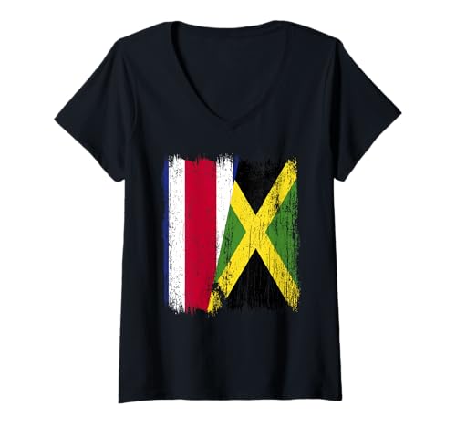 Damen Costa Rica Jamaika Halbflagge Costa Rica Jamaikanisches Erbe T-Shirt mit V-Ausschnitt Damen Costa Rica Jamaika Halbflagge Costa Rica Jamaikanisches Erbe T-Shirt mit V-Ausschnitt von Jamaica Flag Designs Proud Jamaican Roots