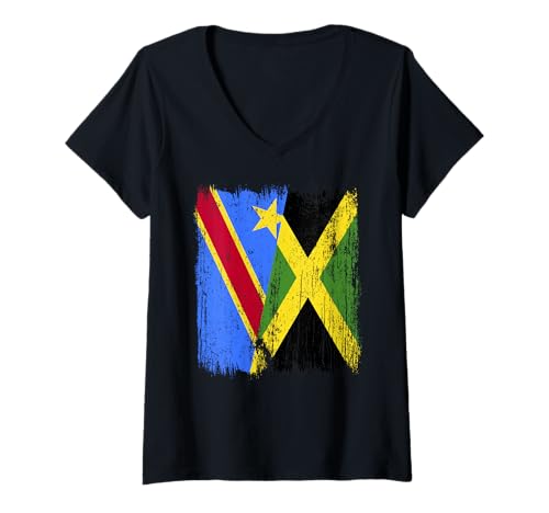 Damen Demokratische Republik Kongo Jamaika Halbflagge T-Shirt mit V-Ausschnitt von Jamaica Flag Designs Proud Jamaican Roots