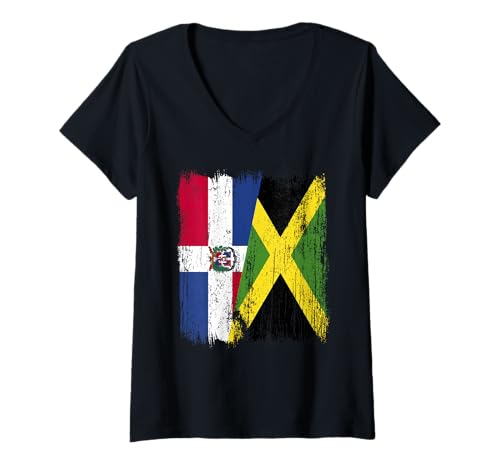 Damen Dominikanische Republik Jamaika Halbflagge T-Shirt mit V-Ausschnitt Damen Dominikanische Republik Jamaika Halbflagge T-Shirt mit V-Ausschnitt von Jamaica Flag Designs Proud Jamaican Roots