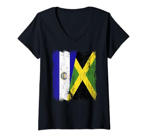 Damen EL Salvador Jamaika halbe Flagge Salvadorianisches Jamaika-Erbe T-Shirt mit V-Ausschnitt Damen EL Salvador Jamaika halbe Flagge Salvadorianisches Jamaika-Erbe T-Shirt mit V-Ausschnitt von Jamaica Flag Designs Proud Jamaican Roots