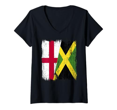 Damen England, Jamaika, halbe Flagge, englisches Jamaikanisches Erbe T-Shirt mit V-Ausschnitt Damen England, Jamaika, halbe Flagge, englisches Jamaikanisches Erbe T-Shirt mit V-Ausschnitt von Jamaica Flag Designs Proud Jamaican Roots