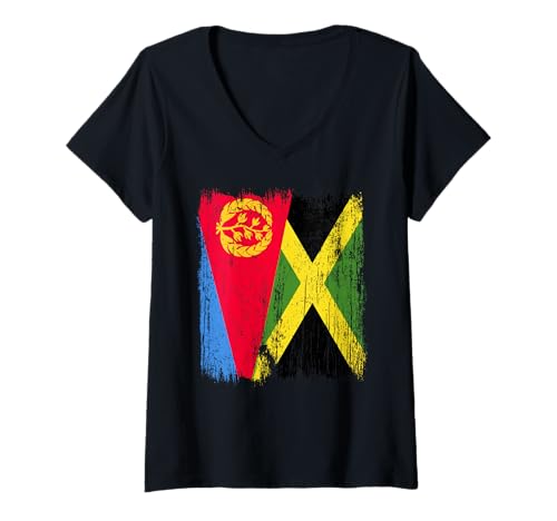 Damen Eritrea Jamaika Halbflagge Eritreisches Jamaikanisches Erbe T-Shirt mit V-Ausschnitt von Jamaica Flag Designs Proud Jamaican Roots