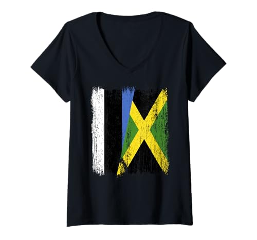 Damen Estland, Jamaika, halbe Flagge, estnisch-jamaikanisches Erbe T-Shirt mit V-Ausschnitt Damen Estland, Jamaika, halbe Flagge, estnisch-jamaikanisches Erbe T-Shirt mit V-Ausschnitt von Jamaica Flag Designs Proud Jamaican Roots