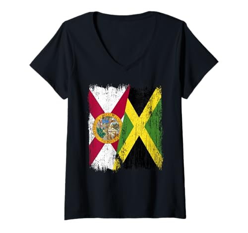 Damen Florida, Jamaika, halbe Flagge, Floridian, Jamaikanisches Erbe T-Shirt mit V-Ausschnitt Damen Florida, Jamaika, halbe Flagge, Floridian, Jamaikanisches Erbe T-Shirt mit V-Ausschnitt von Jamaica Flag Designs Proud Jamaican Roots