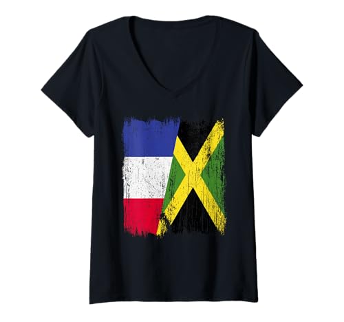 Damen Frankreich, Jamaika, halbe Flagge, französisches Jamaika-Erbe T-Shirt mit V-Ausschnitt Damen Frankreich, Jamaika, halbe Flagge, französisches Jamaika-Erbe T-Shirt mit V-Ausschnitt von Jamaica Flag Designs Proud Jamaican Roots