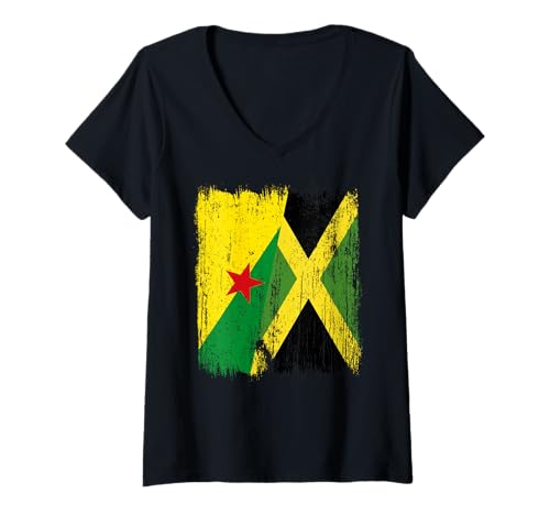 Damen Französisch Guayana Jamaika Halbflagge Französisch-Guayanese Jamaika T-Shirt mit V-Ausschnitt Damen Französisch Guayana Jamaika Halbflagge Französisch-Guayanese Jamaika T-Shirt mit V-Ausschnitt von Jamaica Flag Designs Proud Jamaican Roots