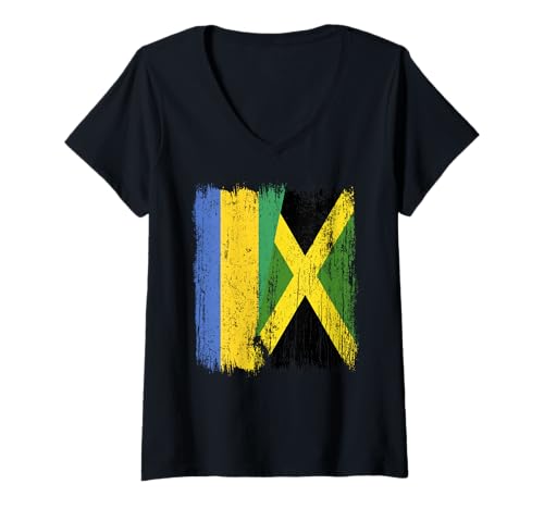 Damen Gabun, Jamaika, halbe Flagge, Gabun, Jamaikanisches Erbe T-Shirt mit V-Ausschnitt Damen Gabun, Jamaika, halbe Flagge, Gabun, Jamaikanisches Erbe T-Shirt mit V-Ausschnitt von Jamaica Flag Designs Proud Jamaican Roots