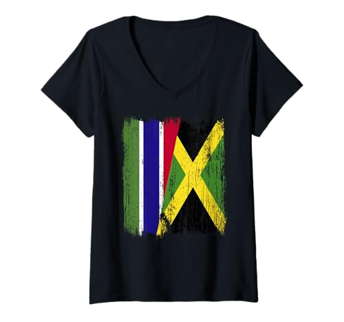 Damen Gambia Jamaika Halbflagge Gambian Jamaican Heritage T-Shirt mit V-Ausschnitt Damen Gambia Jamaika Halbflagge Gambian Jamaican Heritage T-Shirt mit V-Ausschnitt von Jamaica Flag Designs Proud Jamaican Roots