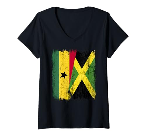 Damen Ghana, Jamaika, halbe Flagge, ghanaisches Jamaika-Erbe T-Shirt mit V-Ausschnitt Damen Ghana, Jamaika, halbe Flagge, ghanaisches Jamaika-Erbe T-Shirt mit V-Ausschnitt von Jamaica Flag Designs Proud Jamaican Roots