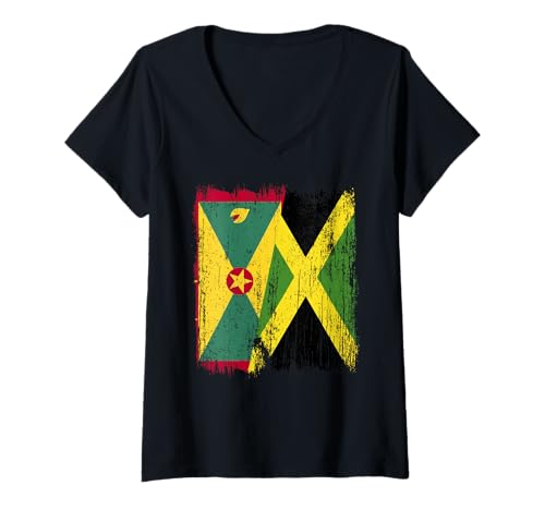 Damen Grenada Jamaika Halbflagge Grenadian Jamaican Heritage T-Shirt mit V-Ausschnitt Damen Grenada Jamaika Halbflagge Grenadian Jamaican Heritage T-Shirt mit V-Ausschnitt von Jamaica Flag Designs Proud Jamaican Roots