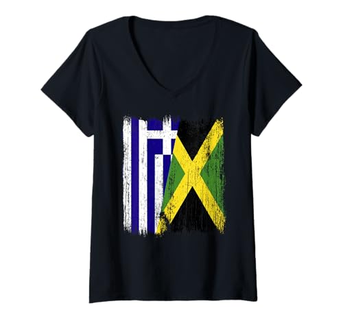 Damen Griechenland, Jamaika, halbe Flagge, griechisches Jamaika-Erbe T-Shirt mit V-Ausschnitt Damen Griechenland, Jamaika, halbe Flagge, griechisches Jamaika-Erbe T-Shirt mit V-Ausschnitt von Jamaica Flag Designs Proud Jamaican Roots