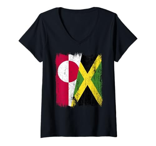 Damen Grönland Jamaika Halbflagge Grönländisch Jamaikanisches Erbe T-Shirt mit V-Ausschnitt Damen Grönland Jamaika Halbflagge Grönländisch Jamaikanisches Erbe T-Shirt mit V-Ausschnitt von Jamaica Flag Designs Proud Jamaican Roots