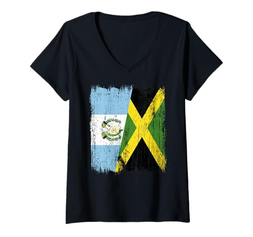 Damen Guatemala Jamaika Halbflagge Guatemaltekisch Jamaikanisches Erbe T-Shirt mit V-Ausschnitt Damen Guatemala Jamaika Halbflagge Guatemaltekisch Jamaikanisches Erbe T-Shirt mit V-Ausschnitt von Jamaica Flag Designs Proud Jamaican Roots