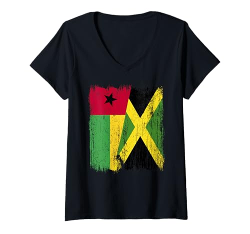 Damen Guinea-Bissau Jamaika Halbflagge Bissau-Guineischer Jamaika T-Shirt mit V-Ausschnitt Damen Guinea-Bissau Jamaika Halbflagge Bissau-Guineischer Jamaika T-Shirt mit V-Ausschnitt von Jamaica Flag Designs Proud Jamaican Roots