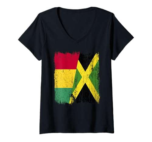 Damen Guinea Jamaika Halbflagge Guineans Jamaikanisches Erbe T-Shirt mit V-Ausschnitt von Jamaica Flag Designs Proud Jamaican Roots
