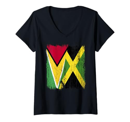 Damen Guyana Jamaika Halbflagge Guyanese Jamaikanisches Erbe T-Shirt mit V-Ausschnitt von Jamaica Flag Designs Proud Jamaican Roots