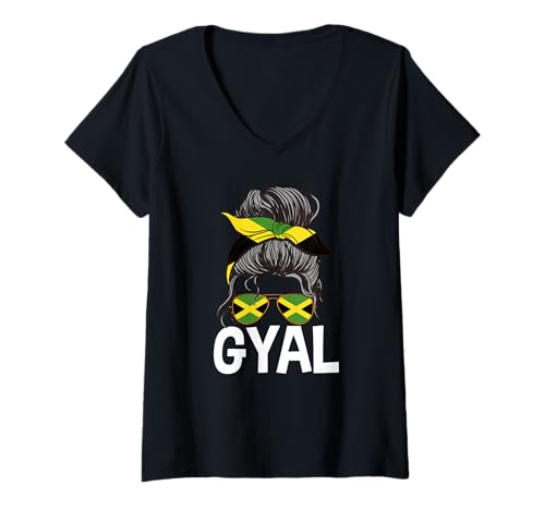 Damen Gyal Jamaika Flagge Sonnenbrille Rasta Stirnband T-Shirt mit V-Ausschnitt Damen Gyal Jamaika Flagge Sonnenbrille Rasta Stirnband T-Shirt mit V-Ausschnitt von Jamaica Flag Designs Proud Jamaican Roots
