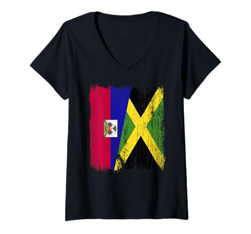 Damen Haiti Jamaika halbe Flagge haitianisches Jamaikanisches Erbe T-Shirt mit V-Ausschnitt Damen Haiti Jamaika halbe Flagge haitianisches Jamaikanisches Erbe T-Shirt mit V-Ausschnitt von Jamaica Flag Designs Proud Jamaican Roots