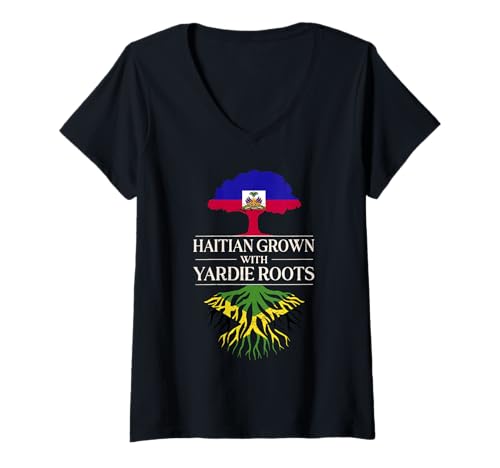 Damen Haitianisch angebaut mit Yardie-Wurzeln Haiti Jamaica Heritage T-Shirt mit V-Ausschnitt Damen Haitianisch angebaut mit Yardie-Wurzeln Haiti Jamaica Heritage T-Shirt mit V-Ausschnitt von Jamaica Flag Designs Proud Jamaican Roots