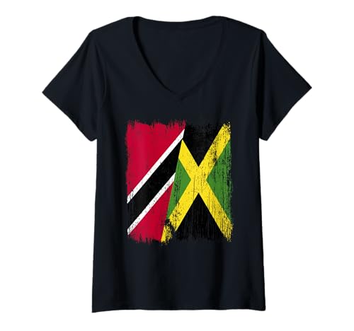 Damen Halbflagge von Trinidad und Tobago Jamaika T-Shirt mit V-Ausschnitt Damen Halbflagge von Trinidad und Tobago Jamaika T-Shirt mit V-Ausschnitt von Jamaica Flag Designs Proud Jamaican Roots