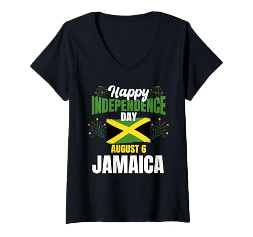 Damen Happy Independence Day Jamaika 6. August T-Shirt mit V-Ausschnitt Damen Happy Independence Day Jamaika 6. August T-Shirt mit V-Ausschnitt von Jamaica Flag Designs Proud Jamaican Roots