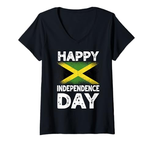 Damen Happy Independence Day Jamaikanische Flagge Bekleidung T-Shirt mit V-Ausschnitt Damen Happy Independence Day Jamaikanische Flagge Bekleidung T-Shirt mit V-Ausschnitt von Jamaica Flag Designs Proud Jamaican Roots