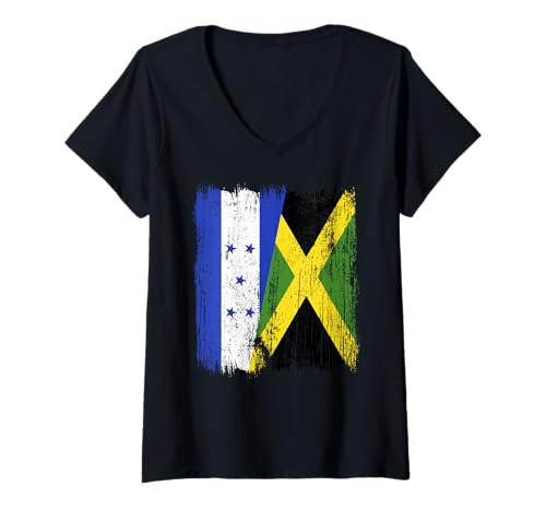 Damen Honduras Jamaika halbe Flagge Honduranisches Jamaikanisches Erbe T-Shirt mit V-Ausschnitt Damen Honduras Jamaika halbe Flagge Honduranisches Jamaikanisches Erbe T-Shirt mit V-Ausschnitt von Jamaica Flag Designs Proud Jamaican Roots