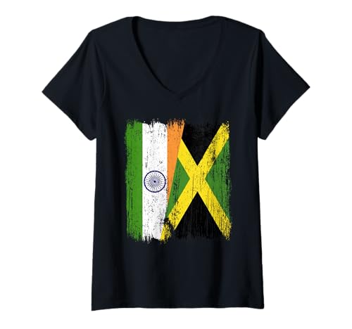 Damen Indien, Jamaika, halbe Flagge, indisches Jamaika-Erbe T-Shirt mit V-Ausschnitt Damen Indien, Jamaika, halbe Flagge, indisches Jamaika-Erbe T-Shirt mit V-Ausschnitt von Jamaica Flag Designs Proud Jamaican Roots