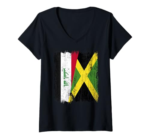 Damen Irak, Jamaika, halbe Flagge, irakisches Jamaika-Erbe T-Shirt mit V-Ausschnitt von Jamaica Flag Designs Proud Jamaican Roots
