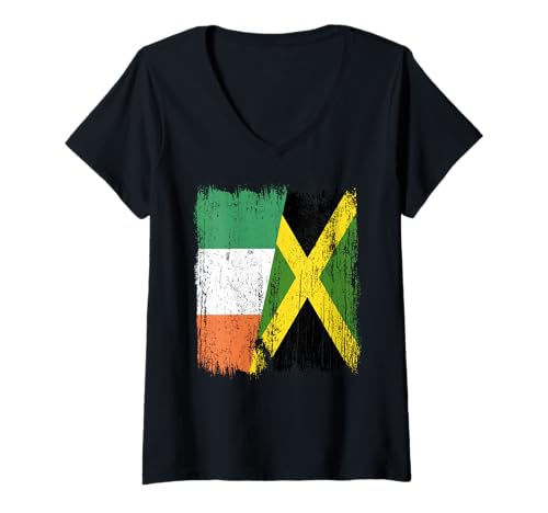 Damen Irland, Jamaika, halbe Flagge, irisches Jamaikanisches Erbe T-Shirt mit V-Ausschnitt Damen Irland, Jamaika, halbe Flagge, irisches Jamaikanisches Erbe T-Shirt mit V-Ausschnitt von Jamaica Flag Designs Proud Jamaican Roots