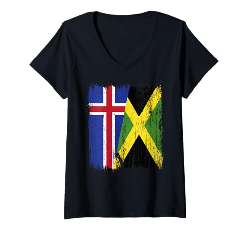 Damen Island, Jamaika, halbe Flagge, isländisches Jamaika-Erbe T-Shirt mit V-Ausschnitt Damen Island, Jamaika, halbe Flagge, isländisches Jamaika-Erbe T-Shirt mit V-Ausschnitt von Jamaica Flag Designs Proud Jamaican Roots