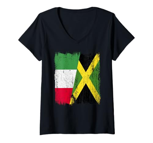 Damen Italien Jamaika halbe Flagge italienisches jamaikanisches Erbe T-Shirt mit V-Ausschnitt Damen Italien Jamaika halbe Flagge italienisches jamaikanisches Erbe T-Shirt mit V-Ausschnitt von Jamaica Flag Designs Proud Jamaican Roots