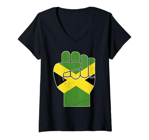 Damen Jamaica Faust Jamaican Resilience Jamaican Pride T-Shirt mit V-Ausschnitt Damen Jamaica Faust Jamaican Resilience Jamaican Pride T-Shirt mit V-Ausschnitt von Jamaica Flag Designs Proud Jamaican Roots
