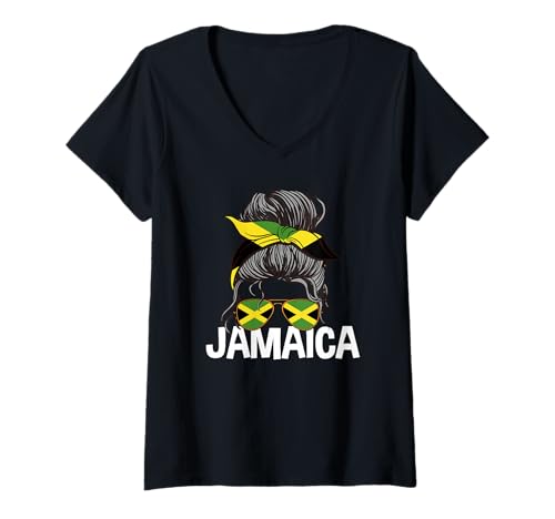 Damen Jamaica Girl Unordentlicher Haarknoten Jamaican Woman Pride T-Shirt mit V-Ausschnitt von Jamaica Flag Designs Proud Jamaican Roots