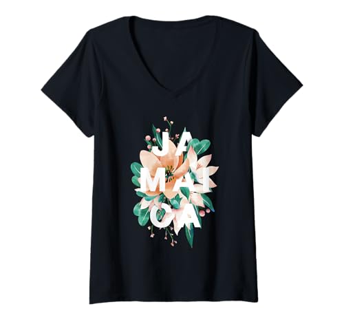 Damen Jamaika Floral Design Yardie Jamaican Rasta Reggae Lover T-Shirt mit V-Ausschnitt Damen Jamaika Floral Design Yardie Jamaican Rasta Reggae Lover T-Shirt mit V-Ausschnitt von Jamaica Flag Designs Proud Jamaican Roots