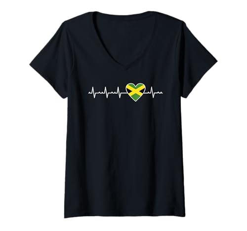 Damen Jamaika Heartbeat Design Yardie Jamaican Rasta Reggae Lover T-Shirt mit V-Ausschnitt Damen Jamaika Heartbeat Design Yardie Jamaican Rasta Reggae Lover T-Shirt mit V-Ausschnitt von Jamaica Flag Designs Proud Jamaican Roots